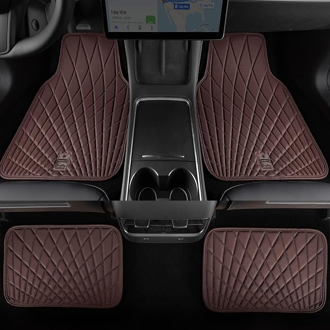 CAR PASS Luxury Faux Leather Floor Mats for Cars, Waterproof All Weather Car Mats Full Set, Anti-Slip Deluxe Automotive Floor Mats Universal Fit for Most SUV Vans Sedans Trucks, 4 Piece Brown