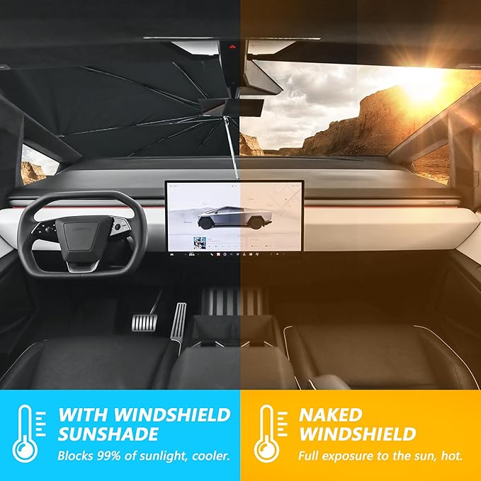 RERPRO Front Windshield Sunshade Umbrella Compatible with 2023 2024 2025 Tesla Cybertruck Window Sun Shade Interior Sun Protection Accessories, for Tesla Cyber Truck Foldable Sun Shield Cover