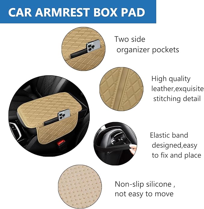 Center Console Cover Universal Armrest Cover with 2 Storage Bags Leather Car Middle Console Cover Arm Rest Cover for Car Interior Accessories Protector for Most Vehicle