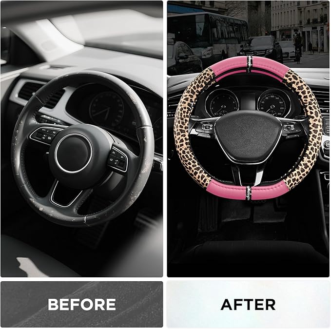 Road Comforts Leopard Steering Wheel Cover - Made with PVC Leather Cheetah Print, D-Shaped Automotive Steering Wheels - Anti-Slip, Universal Fit 14 1/2 inches to 15 inches - Pink