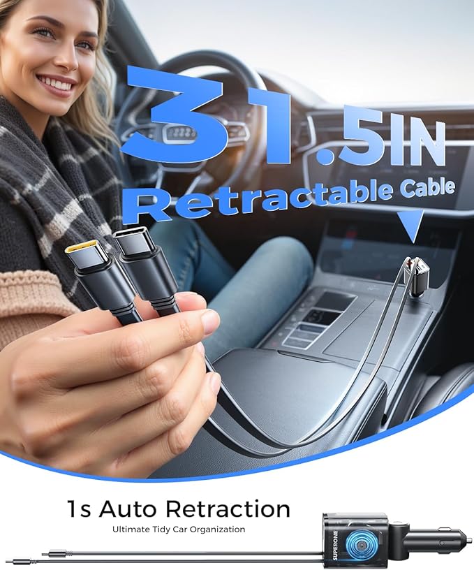 SUPERONE Retractable Car Charger, Car Charger USB C Fast Charging with Dual Type C Cable, Car Accessories Small USBC Car Adapter for iPhone 17/16/15/14/13/12 Series, iPad, Galaxy, Pixel