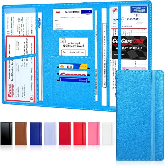 LINTRU Car Registration and Insurance Holder Trifold, Oversized Fit with Reinforced Construction, Matte PU Leather Vehicle Glove Box Organizer for Documents, Car Accessories for Men and Women