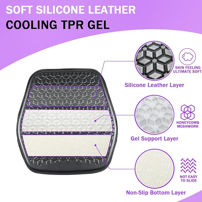 Thin Gel Seat Cushion for Car Seat, Office Chair, Wheelchair, Golf Cart - Non-Slip Car Seat Cushions with 0.7 Inch Gel - Sciatica & Coccyx Pain Relief (Leather, Black)