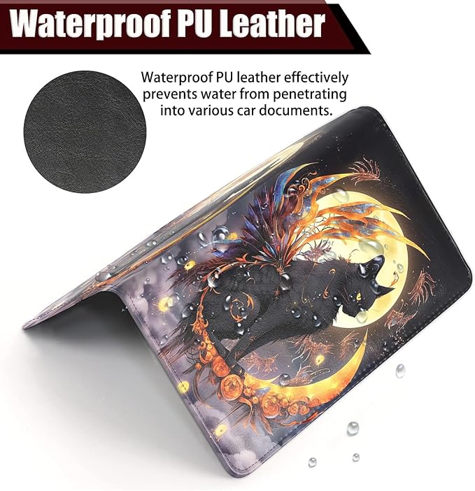 Car Registration and Insurance Holder, PU Leather Auto Document Holder for Men&Women, Vehicle Glove Box Compartment Organizer with Magnetic Shut for Driver's License, Black Cat Lunar Eclipse Pattern