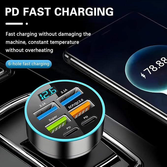 6 Ports 66W Car Charger, 12-24V Super Fast Charging with USB 3.1A PD&QC 3.0 with LED Voltmeter for Cigarette Lighter Plug, Compatible with All Smartphone, Universal Auto Accessories