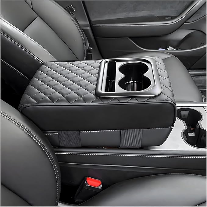 Car Center Console Armrest Pillow, 14.0"×8.3" Soft Memory Foam Armrest Cushion with Cup Holder Storage Bag, Waterproof Leather Vehicle Arm Rest Booster Pad for Most Cars (Diamond Pattern)