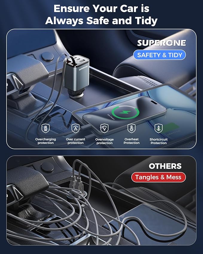 2025 Ultra-Compact SUPERONE Retractable Car Charger, 5 in 1 Car Phone Charger with Dual Cables, 84W Fast Charging USB C Car Accessories Adapter for iPhone 17/16/15/14/13/12/11, Galaxy, Pixel