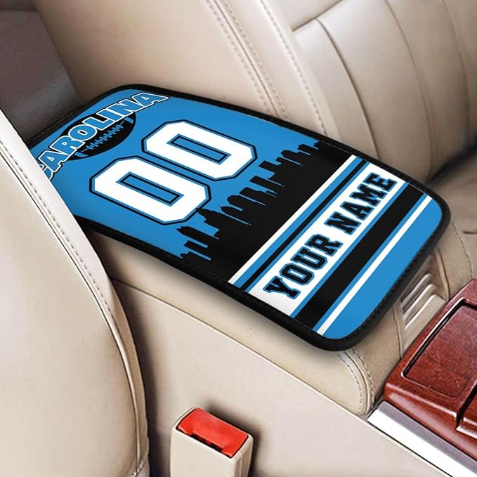 Custom Carolina Car Armrest Covers Personalized Football Style with Name Number Customized Auto Center Console Pad Car Handrail Box Cushion for Most Vehicle Decor Accessories, Fans Gift