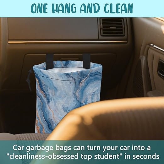 KXWQTRDD Car Garbage Bag Abstract Blue and Gold Marble Drawstring Car Trash Bag Hanging for Back Seat with Adjustable Buckle Canvas Vehicle Trash Can Easy-to-Install