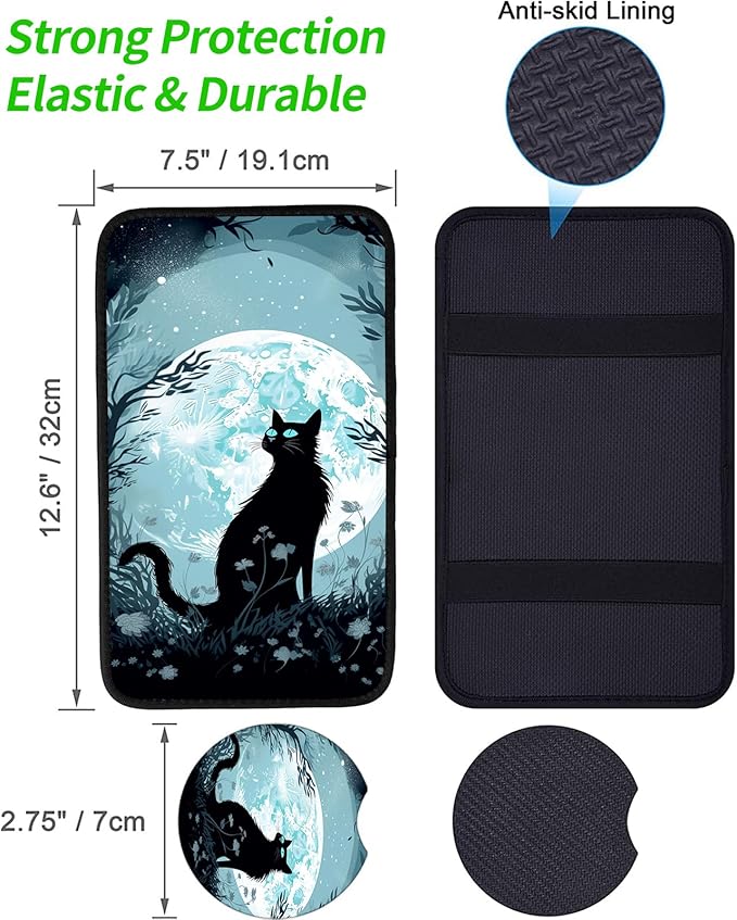JANENFNA Car Armrest Cover Pads Universal Fashion Cute Auto Center Console Armrest Cover Pad with 2PCS Car Coasters Soft Waterproof Car Armrest Seat Protector for Women,Moon Garden Cat