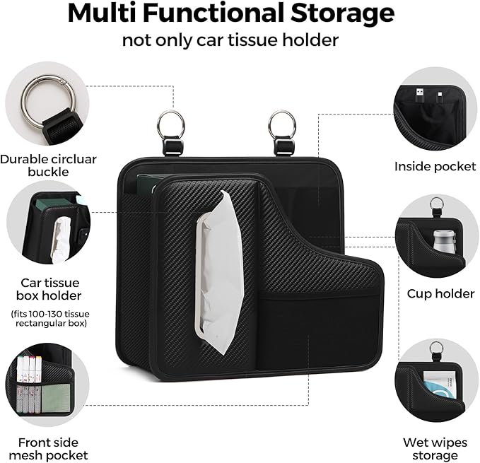 KZBHHP Car Tissue Holder,Back Seat Organizer with Cup Holder,Multifunctional Car Headrest Seat Back Storage,Large Tissue Box Cover Fit for 100-130 Regular Size Tissues(2pcs)
