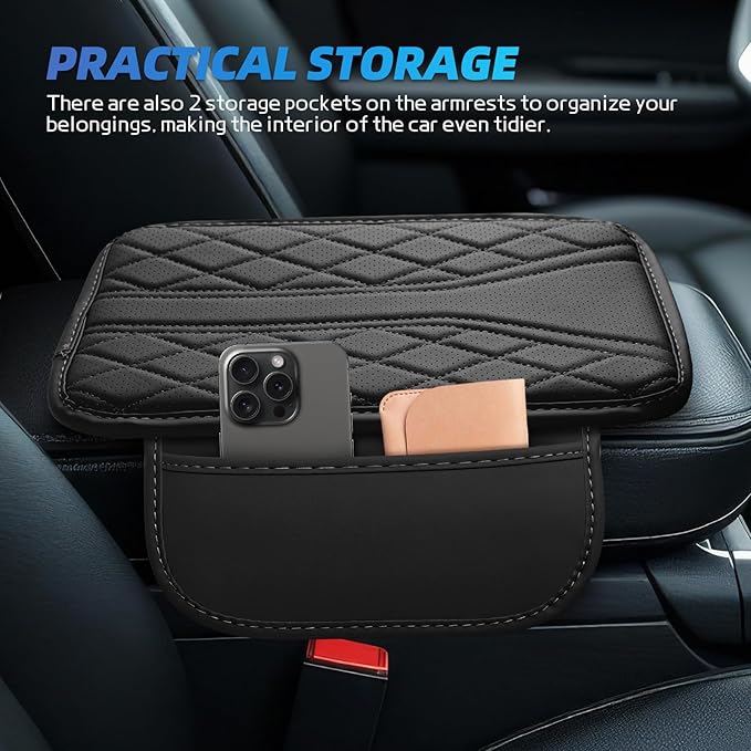 Car Center Console Cover, 11.8"×6.7" Leather Armrest Cover for Cars, Multifunctional Auto Armrest Cushion Pad with Storage Pocket, Universal Arm Rest Protector Car Accessories (Black)