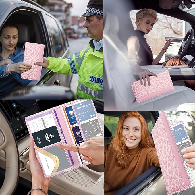 FinestHouse Car Registration and Insurance Holder with Magnetic Closure, Universal Document Organizer for License, Insurance Cards & Glove Box Storage (Heart-Pink)