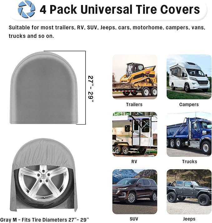 OutdoorLines Outdoor Waterproof Tire Covers Set of 4 - UV-Proof Trailer Wheel Cover Windproof Tire Protector for RV Jeep Trailers Camper Van Truck, Universal Tire Covering Fits Diameters 27"-29", Gray