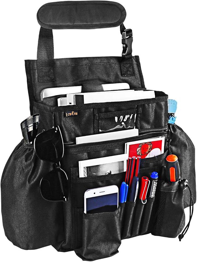 Car Front & Back Seat Organizer with Dedicated Tablet/Laptop Compartment, Passenger Seat File Storage with Cup Holder, Adjustable Backrest, and Padded Shoulder Strap