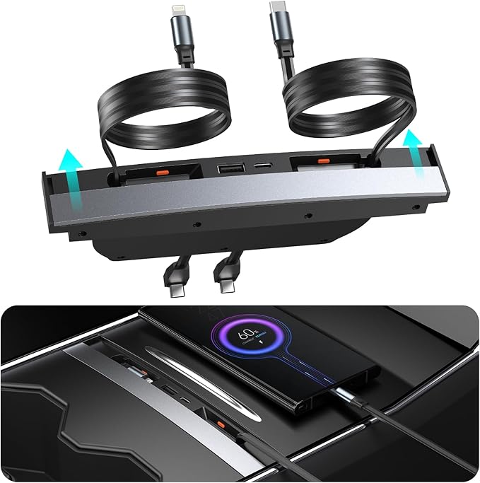 Blacloachai Waterproof USB Hub for Tesla Model 3 and Model Y - 2023/2022/2021 Dock with 4-Port Retractable Charging Cable Supporting Fast Charging (not Compatible with 2024 Model 3)