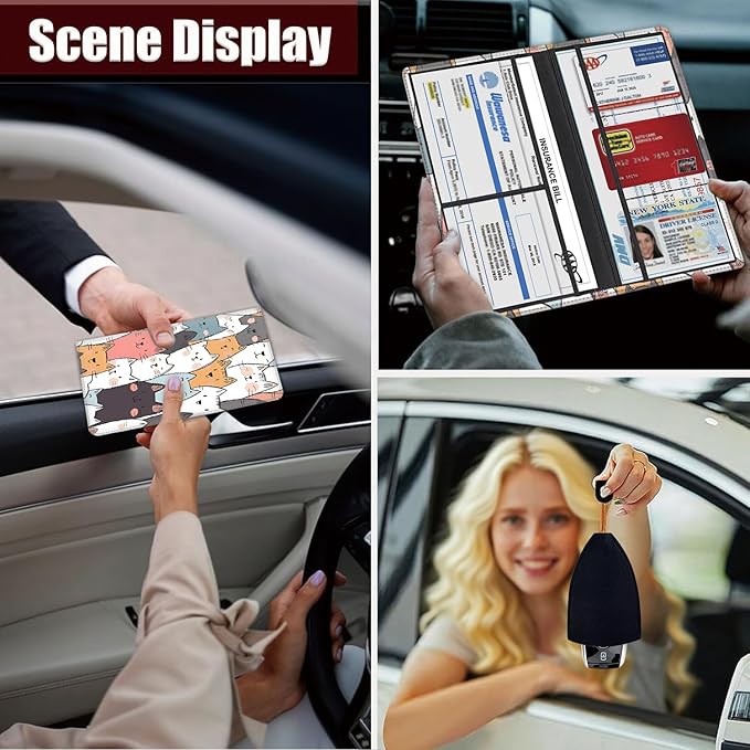 Car Registration Holder, PU Leather Vehicle Glove Box Organizer for Driver License, Document, Car Insurance Holder with Magnetic Shut, Auto Paperwork Wallet Case Accessories, Cute Cartoon Cats