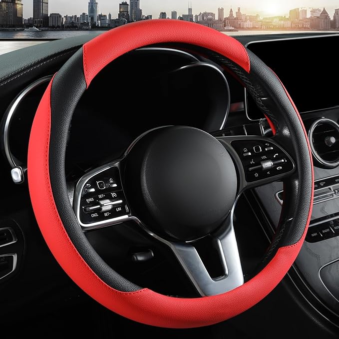 Car Steering Wheel Cover, Leather Steering Wheel Cover,Universal 15 inch Anti-Slip Comfortable Steering Wheel Covers Men Women (Red)