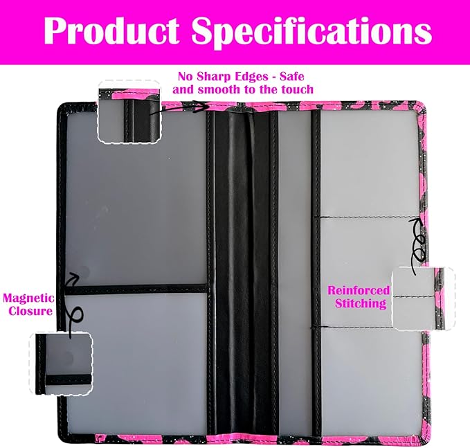FinestHouse Car Registration and Insurance Holder with Magnetic Closure, Universal Document Organizer for License, Insurance Cards & Glove Box Storage (Leopard-Glitter Hot Pink)