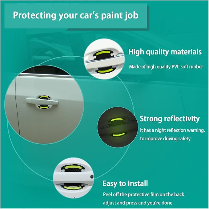 Augeny 8 PCS Car Door Handle Protector Reflective Stickers, Universal 3D Carbon Fiber Auto Door Handle Paint Guard, Anti-Scratch Car Door Bowl Protective Film for Most Cars (Green)