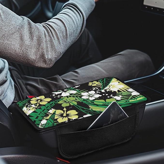 CLOHOMIN Green Polynesia Auto Armrest Cover Pad Hibiscus Car Armrest Seat Box Cover Fashion Center Console Cover for Car Truck Van Sedan Accessories