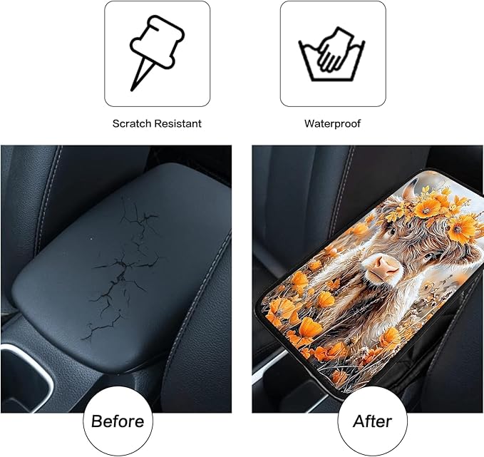 JANENFNA Car Armrest Cover Pads Universal Fashion Cute Auto Center Console Armrest Cover Pad with 2PCS Car Coasters Soft Waterproof Car Armrest Seat Protector for Women,Cow with Yellow Flowers