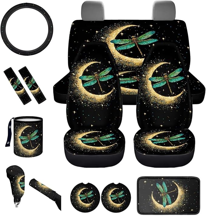 Dngkaoje Moon Dragonfly Car Seat Covers Full Set 13 Pcs Universal Car Interior Accessories Black Moon Dragonfly Steering Wheel Covers Armrest Pads Handbrake Gear Cover,Fit for Most Truck SUV