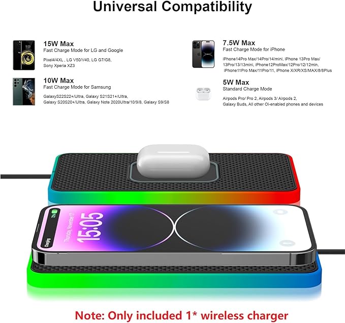 Wireless Charging Mat with RGB for Car, Wireless Car Charger Charging Pad 15W Non Slip Charger for Car Cell Phone