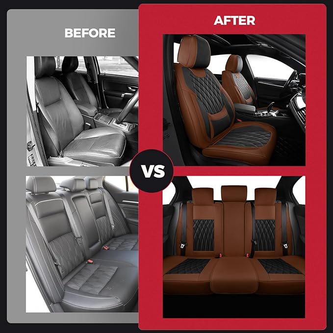 FREESOO Black Brown Car Seat Covers Full Set - Faux Nappa Leather Seat Covers for Cars, Breathable Waterproof Front Seats Protector with Lumbar Support, Universal Fit for Automotive Sedan SUVs Pickups