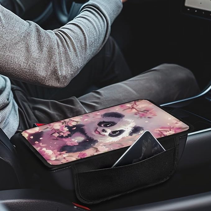 BIGCARJOB Cute Panda Armrest Cover wor Cars Pink Middle Console Cover Armrest Pad with Pocket Automotive Armrest Cover Cushion with Side Pockets,Universal Fit