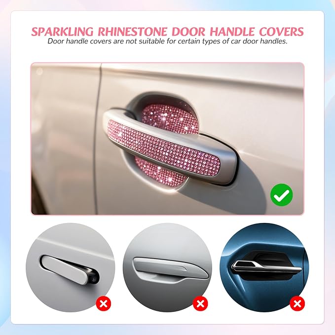 10PCS Bling Car Door Handle Protectors, 4 Door Bowl Stickers + 6 Handle Strips, Crystal Rhinestone Anti-Scratch Car Accessories, Sparkling Auto Decor Decals, Universal for SUV Sedan Truck (Pink)