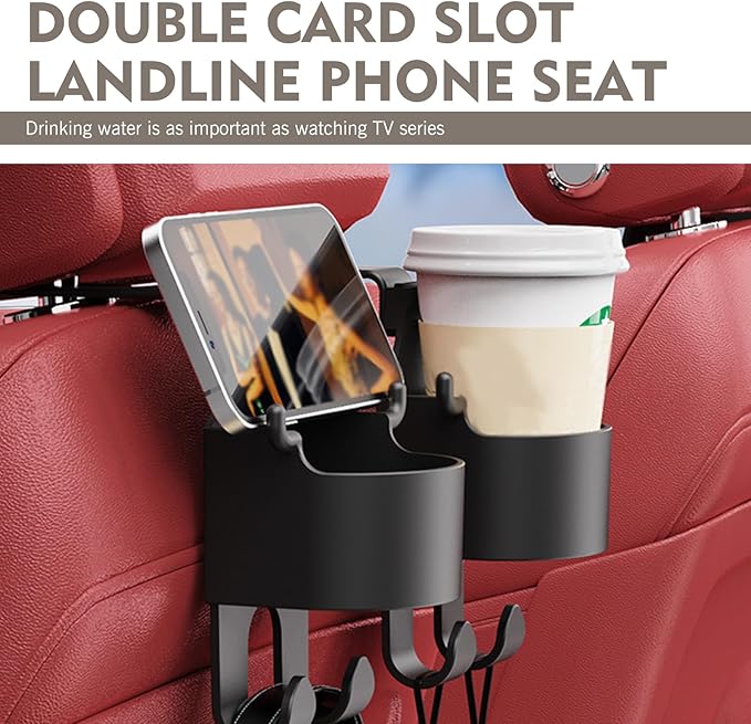 1 PC Seat Backrest Cup Holder, High Load Cell Phone/Mug/Umbrella Hanging Bag 3-in-1 PU Holder with Long/Short Hooks, Multi-functional Storage Accessory, Universal Fit for Most Cars (Black)