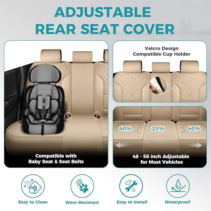 FEINEPRO Beige Car Seat Covers Full Set - Breathable Faux Leather Universal 5 Seat Covers for Cars, Automotive Protector Fit for Most Sedan SUV Pick-up Truck