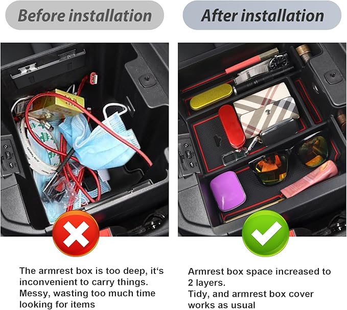 SKTU for 2019-2022 Silverado/GMC Sierra 1500 Center Console Organizer Insert ABS Black Materials Tray Armrest Secondary Storage Box Latest Interior Accessories with Coin and Sunglasses Holder (Red)
