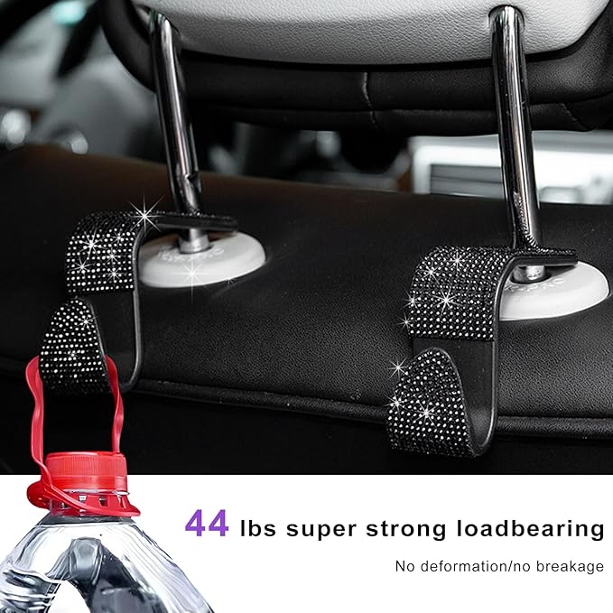 4 PCS Car Seat Headrest Hooks, Bling Crystal Rhinestone Back Seat Hanger Storage Organizer, Sparkly Seatback Holder Hooks for Purse and Bags Universal For Most Vehicles (Black)