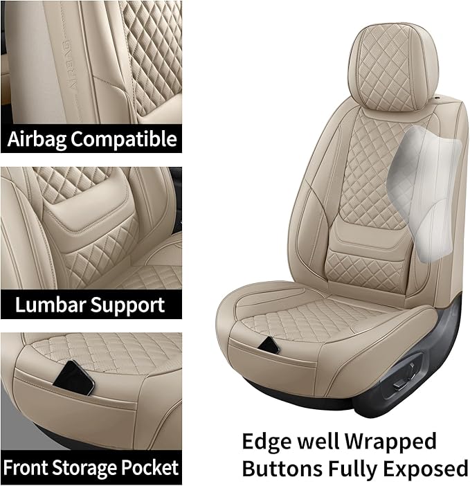 SCOMEE Beige Leather Car Seat Covers Full Set Breathable Seat Protectors Waterproof Automotive Seat Covers Universal Fit for Most Cars SUVs Trucks Vehicles