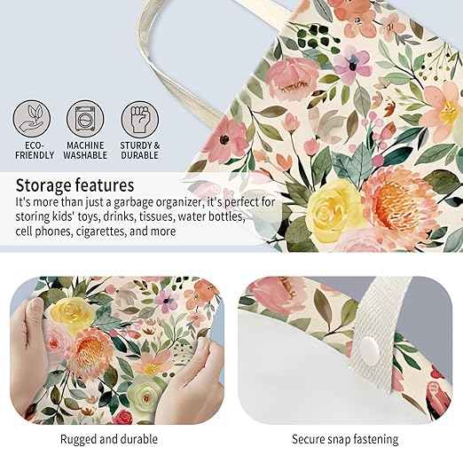 AUEKLLW Car Trash Can, Hanging Garbage Bin for Men and Women, Cute Car Organizer and Storage Bag, Canvas Vehicle Trash Can Bag Easy-to-Install Cute Poney