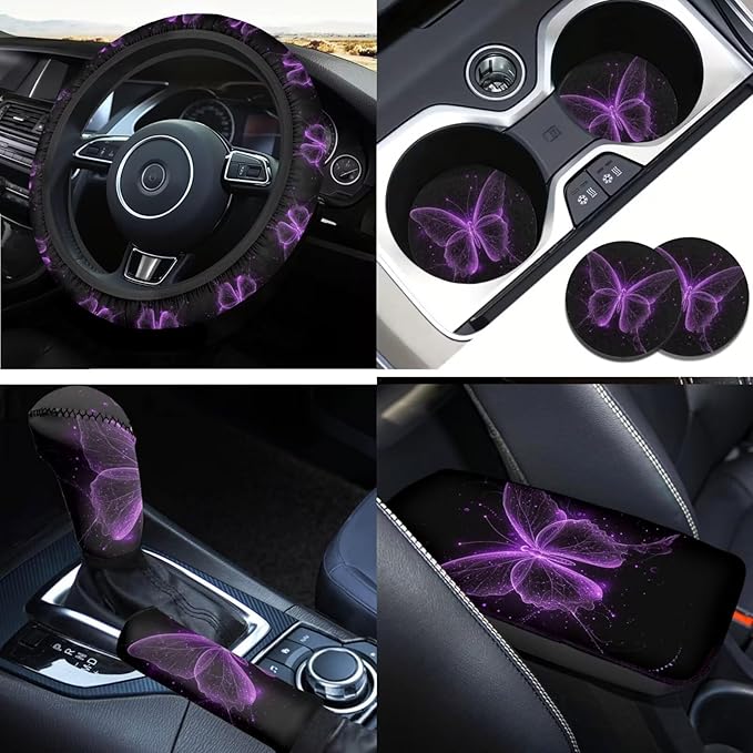 Butterfly Car Interior Accessories Purple Butterfly Car Steering Wheel Cover for Women Cup Coaster Handbrake Gear Cover Suit for Most Cars Truck Vans SUV 6pcs