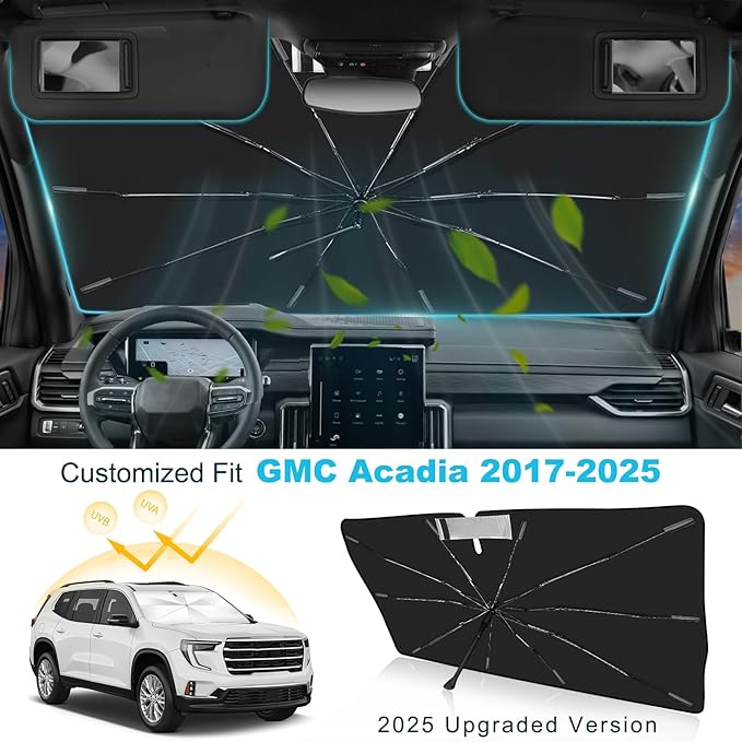 2025 Upgrade Windshield Sun Shade Umbrella Custom Fit for GMC Acadia 2017-2025 Foldable UV Protection Car Cover, Emergency Rain Shield & Dashboard Protector - Durable Auto Accessory