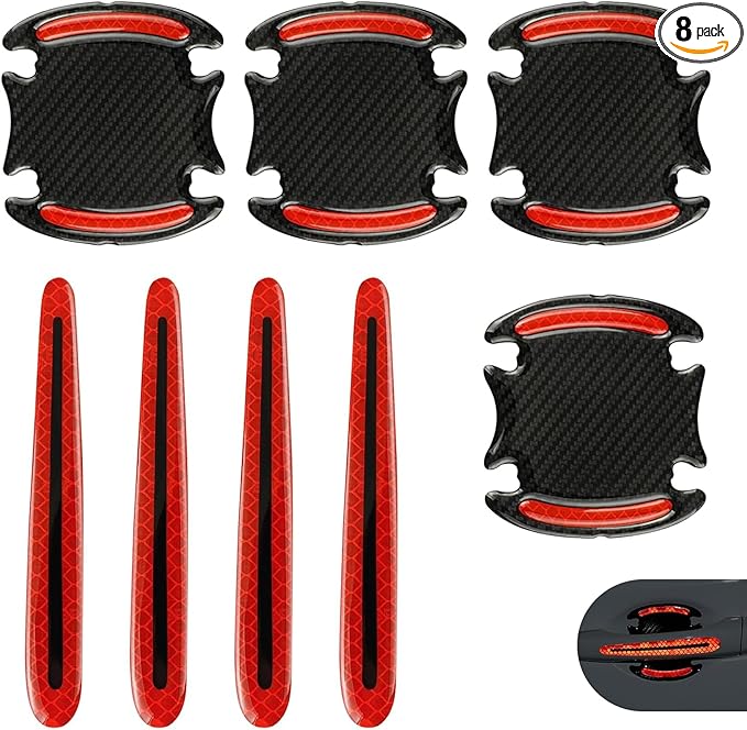 WZP 8PCS Car Door Handle Scratch Protectors, 3D Carbon Fiber Door Handle Scratch Protector Cover, Anti-Scratches Safety Reflective Strips, Universal Car Exterior Accessories for Most Vehicles (Red)