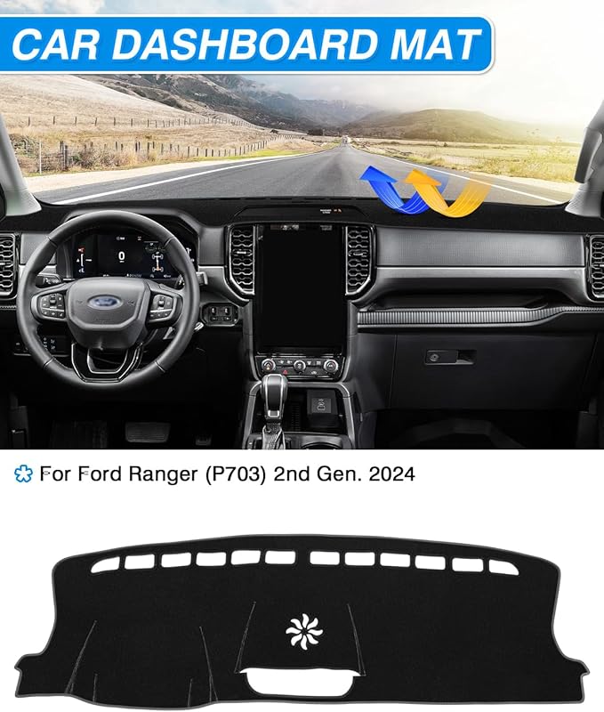 CARTIST Dash Cover for Ford Ranger 2024 2025 2026 Dashboard Cover Mat for Ford Ranger Accessories Non-Slip Carpet Sunshield Glare UV Rays Protector
