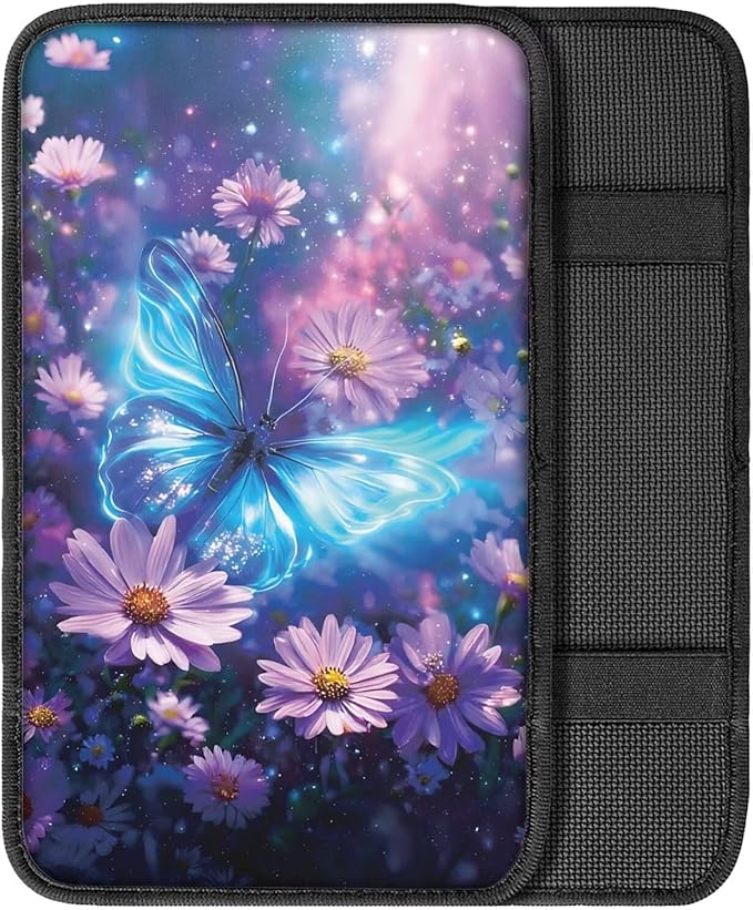 Blue Butterfly Auto Armrest Console Cover Arm Rest Cover Car Soft Car Console Covers Protect from Pet Claws for Most Vehicle, SUV, Truck, Cars
