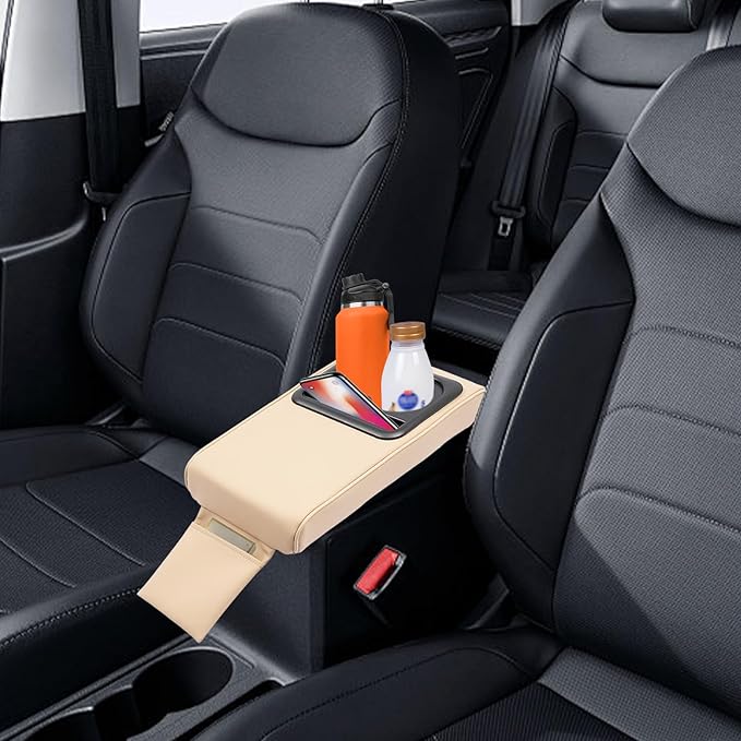 Universal Car Armrest Cushion Pad & Center Console Cover – Premium PU & Sponge, Ergonomic Design with Storage Organizer – Direct Replacement, Cup Holders, Phone Slot, Auto Interior Accessories