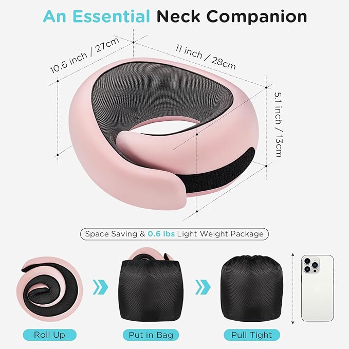 4litamz Travel Neck Pillows, 100% Memory Foam Filling, Travel Pillows for Airplanes, Compact and Ergonomic Design, Best for Sleeping Plane Train Travel Essentials (Light Pink)
