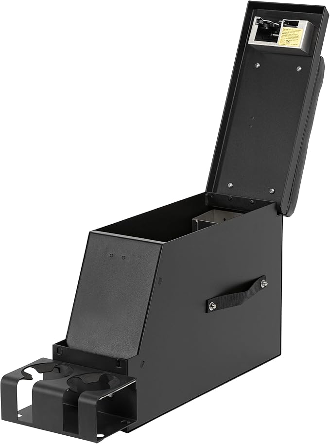 Universal Locking Center Console 6.5" – Steel Vehicle Storage Box with Armrest, Drink Holders, and Organizer Tray – Secure Console Insert for Trucks, SUVs, and Cars