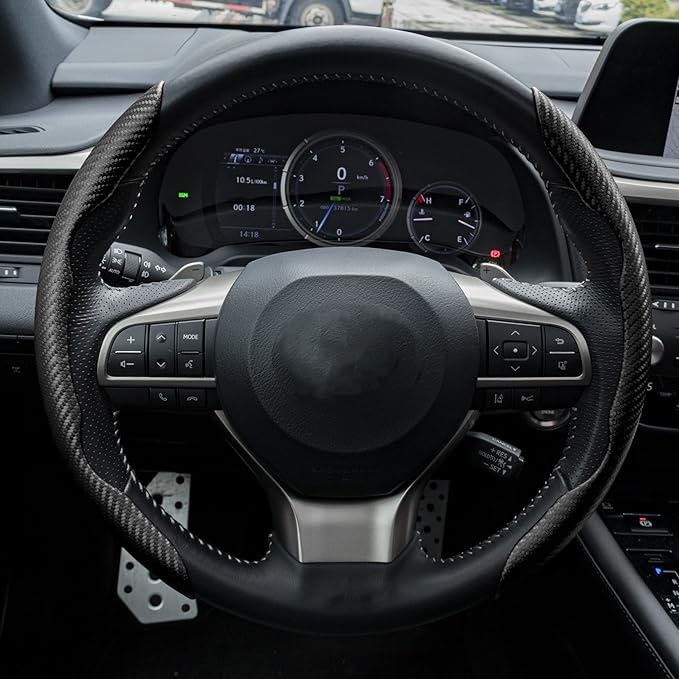 Amiss Carbon Fiber Anti-Skid Steering Wheel Cover, Universal Fit, 14.3 Inches, Black