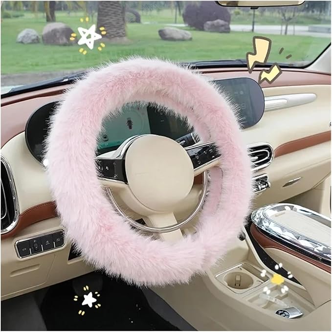 Car Steering Wheel Cover Handlebar Cover for Girls Winter Plush Warm Non-Slip Simple Women's Pink Handlebar Cover(Plush Double Black)