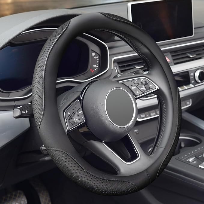 ZHO Microfiber Leather Steering Wheel Cover, Universal 14.5-15 Inch Breathable Anti-Slip Odorless Car Steering Wheels Accessories for Men Women, Black