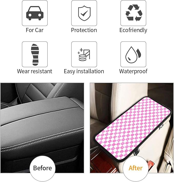 Glitter Pink White Checkered Chessboard Flag (2) Car Armrest Pad Cute Cars Center Console Cover Auto Handrail Box Cushion Armrests Cover