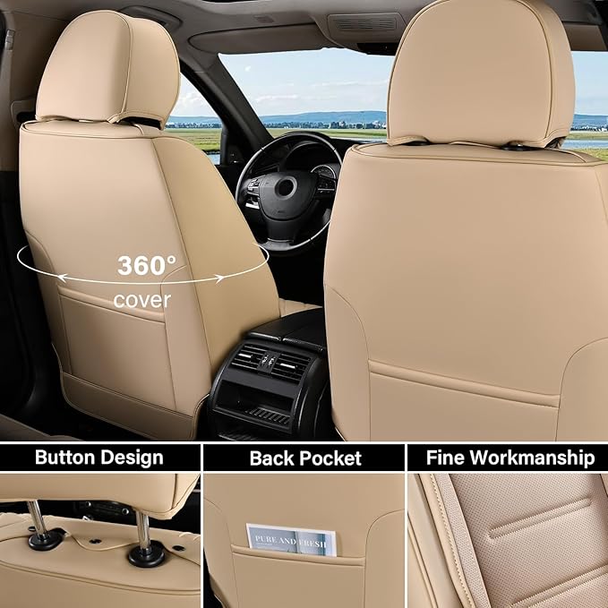 Coverado Car Seat Covers Full Set, Waterproof Car Seat Protector, Leather Seat Cushion, Universal Car Interior Covers Seat Protectors for Most Cars Beige